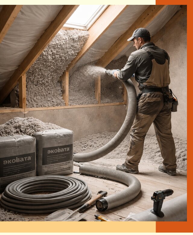 Утепление мансарды эковатой в Топках от 2229 руб/м2 — монтаж, задувка, цена | ТепломастерТпк