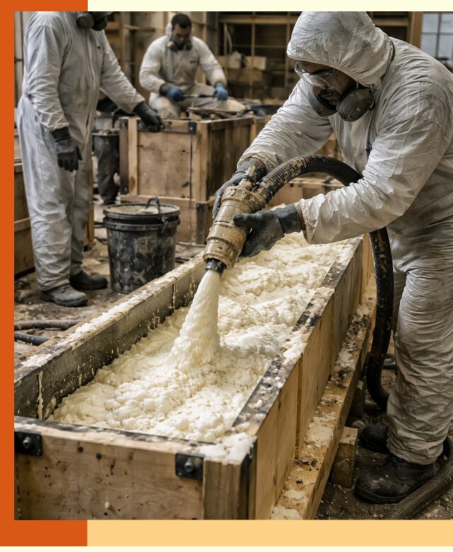 Заливка пенополиуретана в формы для утепления в Топках